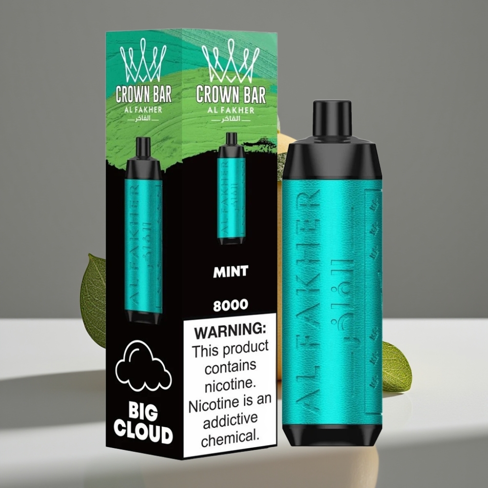 Al Fakher Crown Bar 8000 Crystal Disposable Vape نعناع - 8000 نفخة، 18مل سائل، شحن USB-C